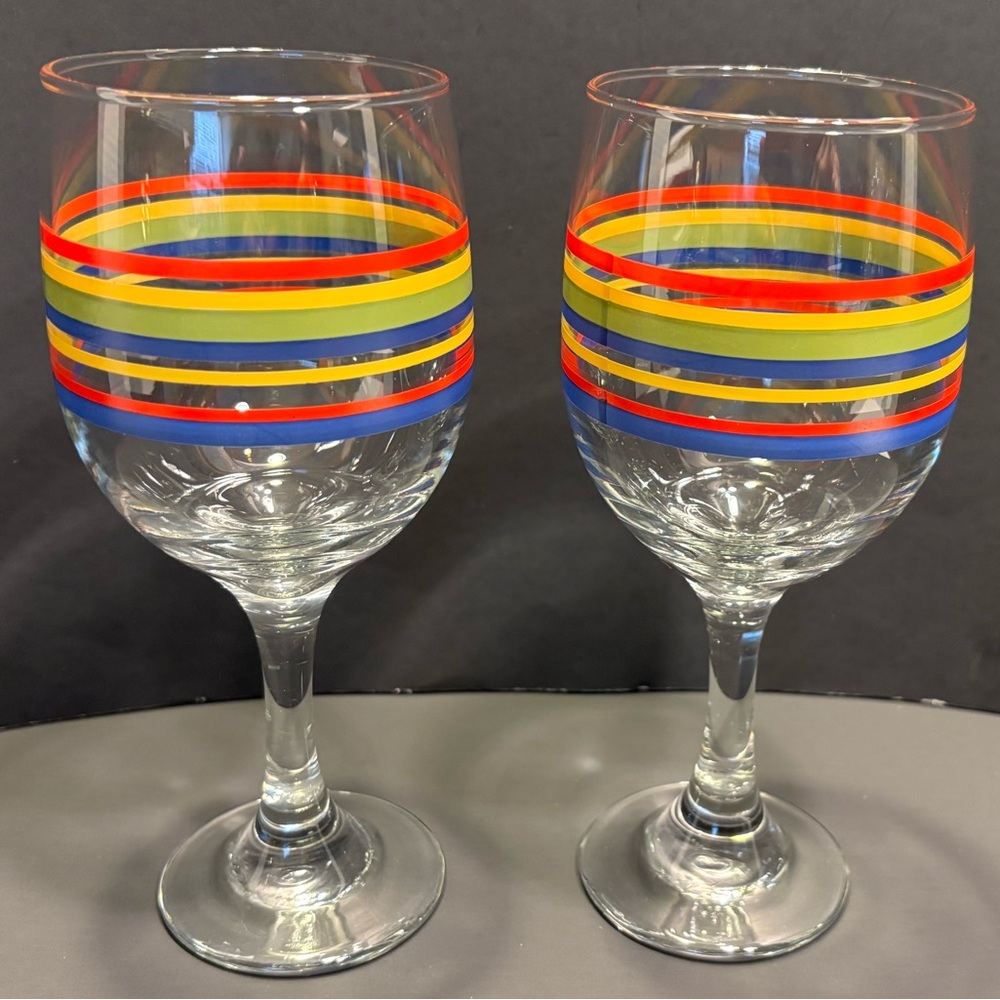 2 VTG 1960’s Libbey’s Royal Norfolk Mambo Rainbow Stemmed Goblets Wine Fiesta